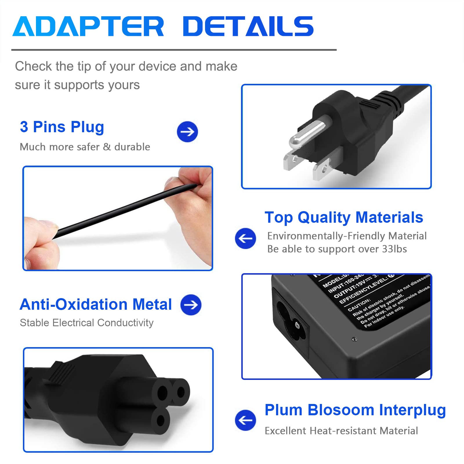 65W 19V 2.37A AC Adapter Replacement For Acer Chromebook R11 11 13 14 15 Charger C720 CB3 CB3-532 CB3-111 CB3-131 CB3-132 CB3-431 CB3-531 CB5 CB5-132T CB5-571 C731 C738T R13 Computer Laptop Power Cord
