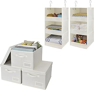 Bundle of 3 cloth storage bins and 2 hanging organizers