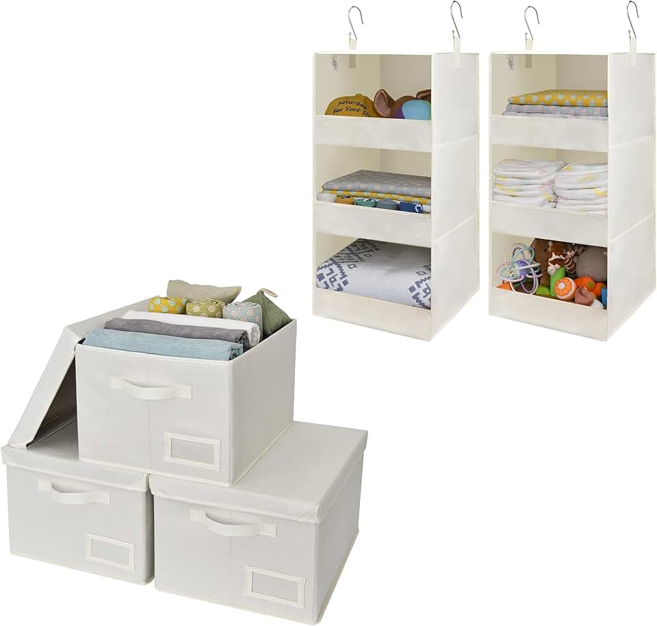 Bundle of 3 cloth storage bins and 2 hanging organizers