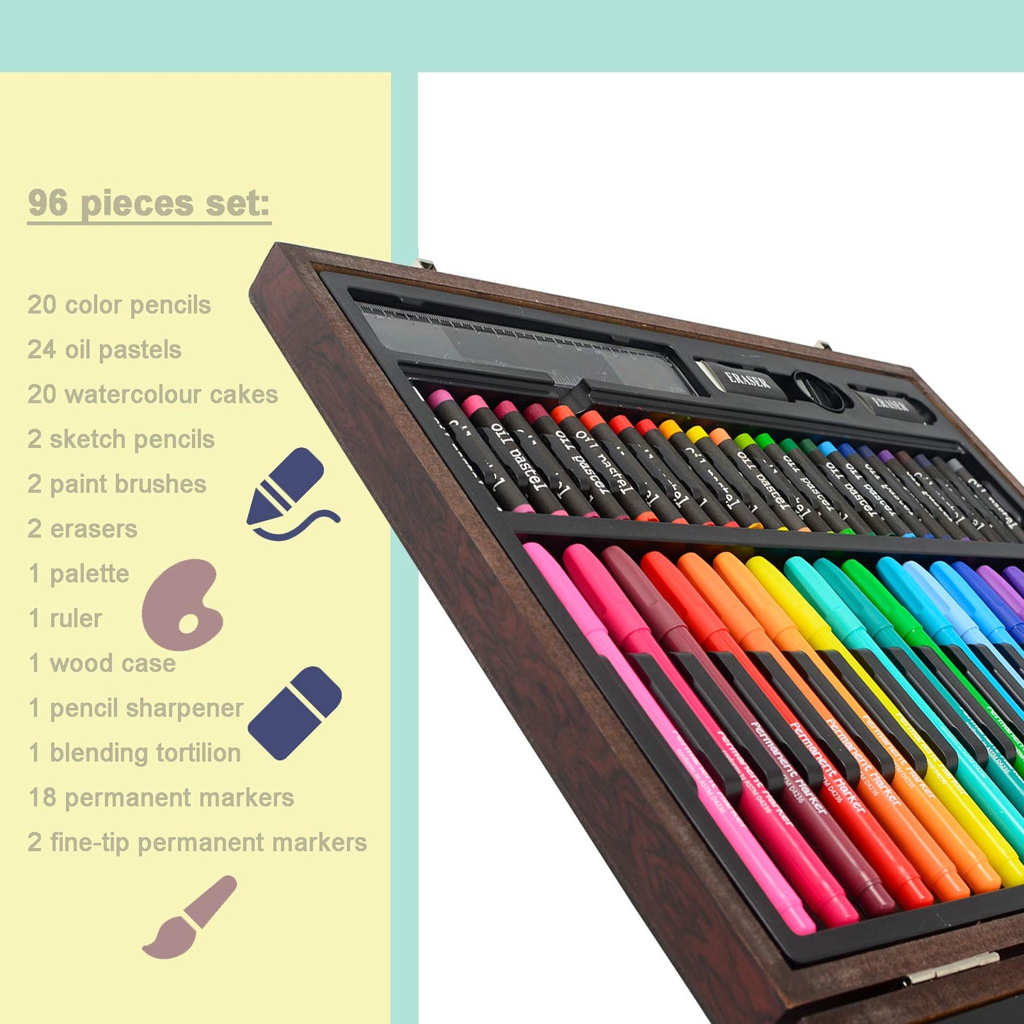 Wood Art Set with 96 Supplies in Portable Wooden Case