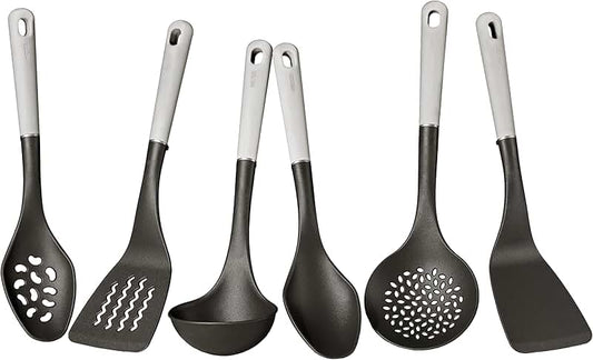 Set of 10 stainless steel cooking utensils with wooden handles