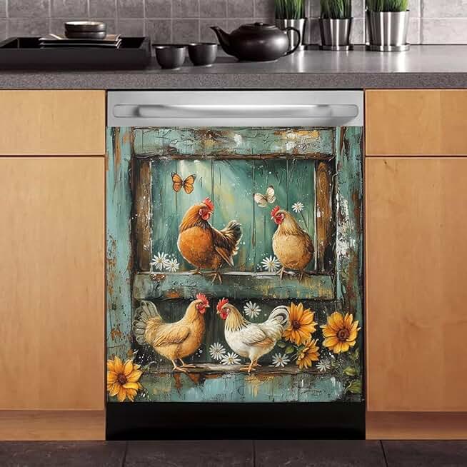 Rustic Wood Country Chicken Dishwasher Cover 23x26