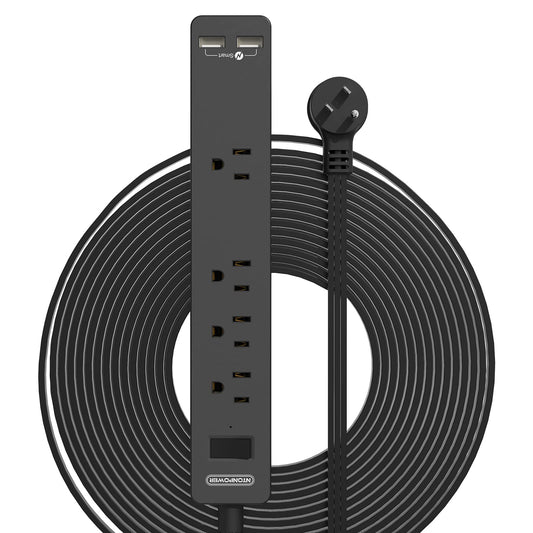 15 ft flat extension cord with 4 outlets and 2 USB ports