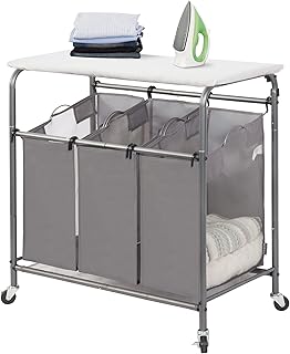 Three-Section Laundry Sorter with Ironing Board and Wheels