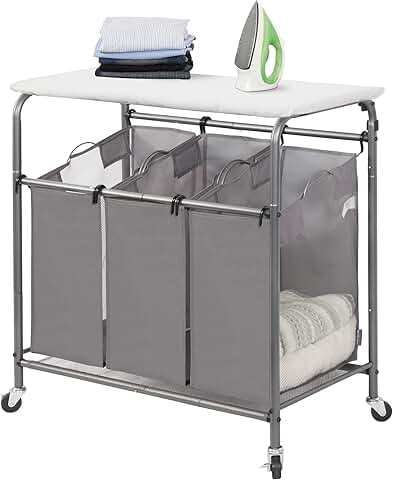 Three-Section Laundry Sorter with Ironing Board and Wheels