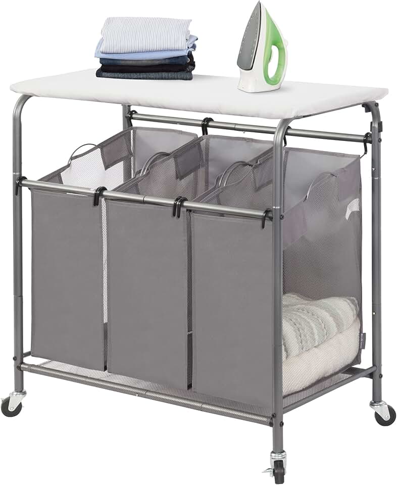 Three-Section Laundry Sorter with Ironing Board and Wheels