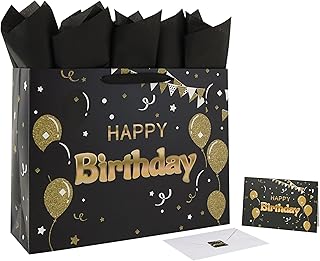 Large Black Birthday Gift Bag with Handles and Accessories