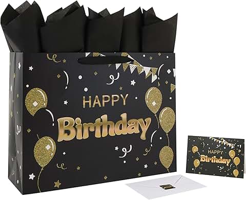 Large Black Birthday Gift Bag with Handles and Accessories