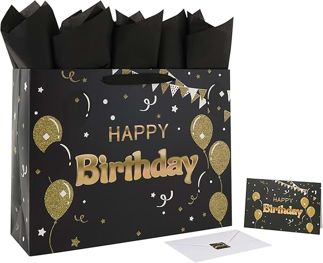 Large Black Birthday Gift Bag with Handles and Accessories