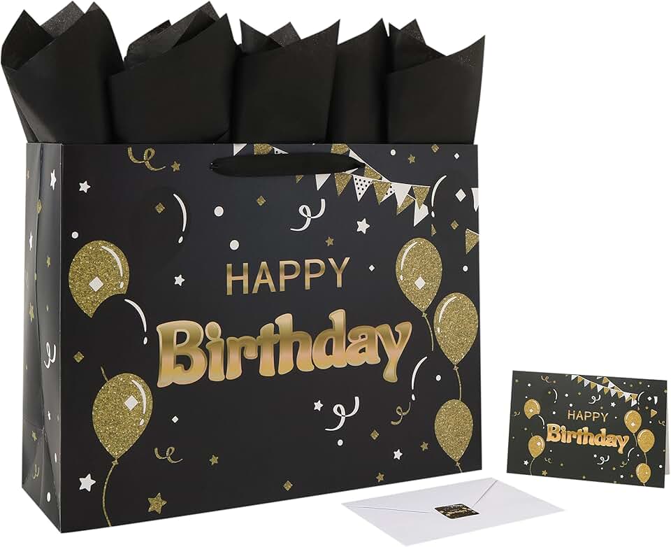 Large Black Birthday Gift Bag with Handles and Accessories