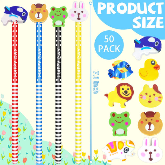 50 Colorful Cartoon Pencils with Erasers for Kids