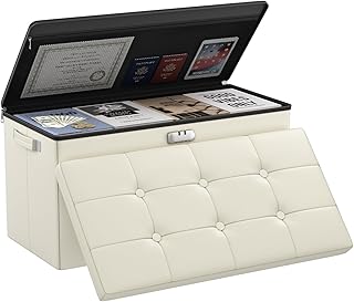 Fireproof Storage Ottoman Bench with Lock, Beige