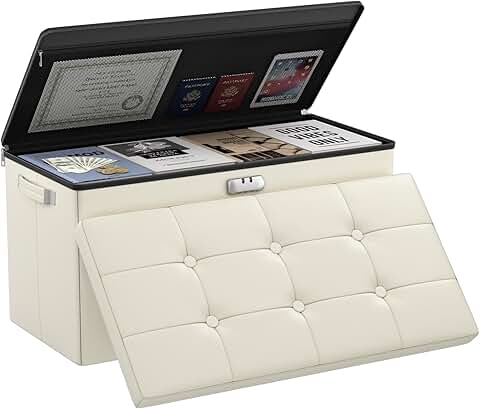 Fireproof Storage Ottoman Bench with Lock, Beige