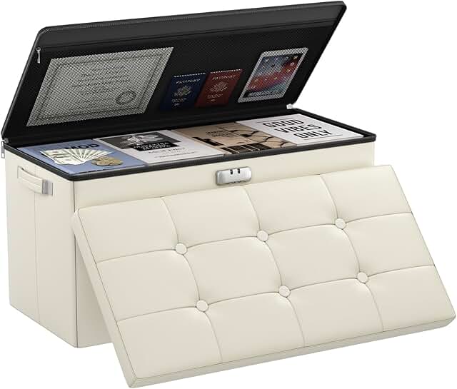 Fireproof Storage Ottoman Bench with Lock, Beige