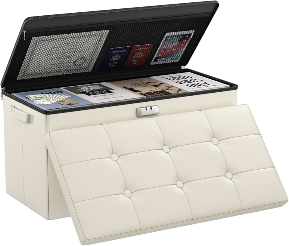 Fireproof Storage Ottoman Bench with Lock, Beige