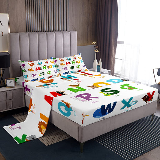 Unicorn Bedding Set for Girls Boys Kids Sheet Set Cartoon Giraffe Koala Sheets Set Decorative Cute Animal Alphabet Bed Sheet Set Toddler enguin Sheets Full Size 4Pcs