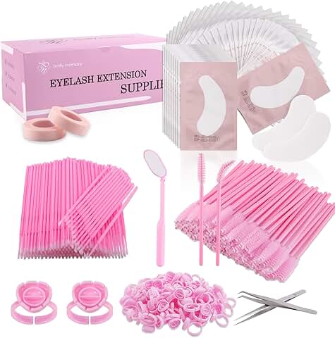 Eyelash Extension Kit with Glue Rings, Brushes, Gel Pads, Tapes, Tweezers, and Mirror