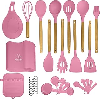 Pink Silicone Cooking Utensils Set with Wooden Handles