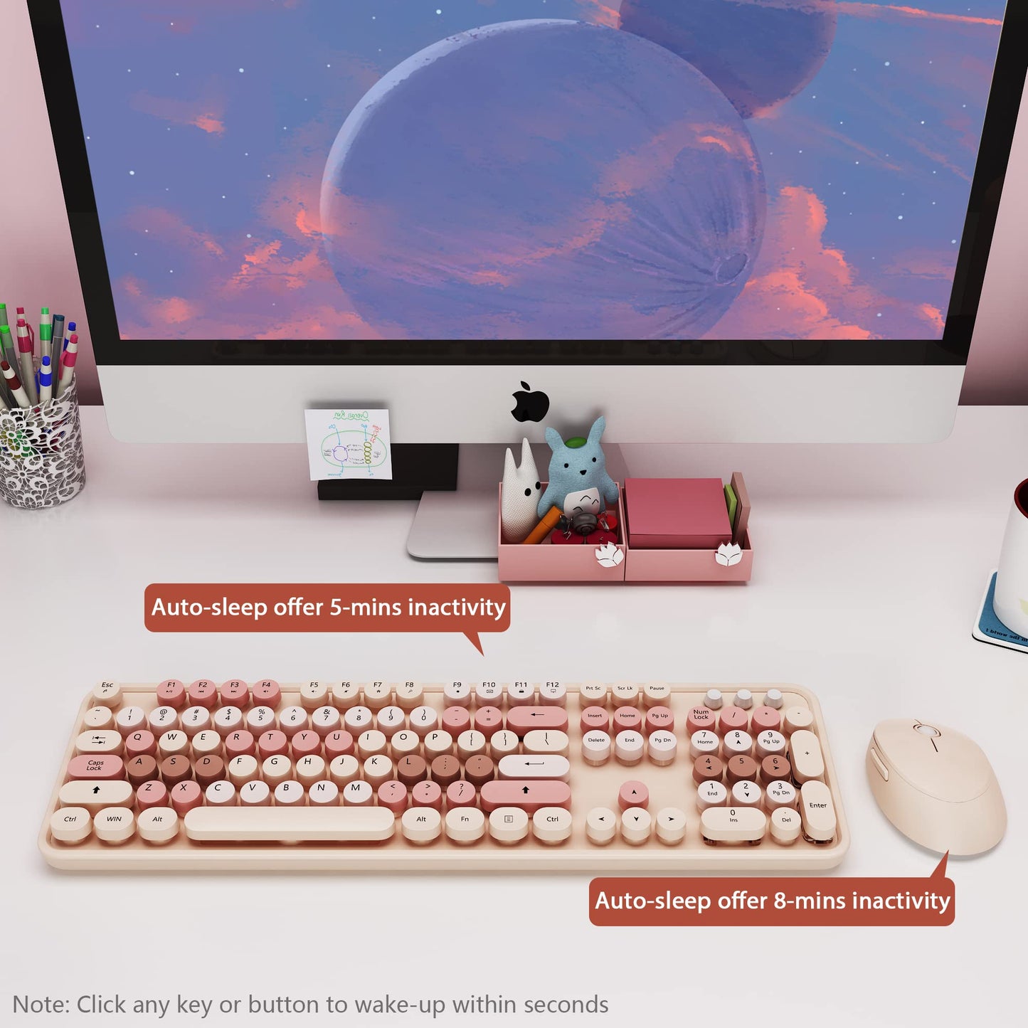 Brown Wireless Keyboard and Mouse Combo,Colorful Retro Wireless Keyboard with Round Keycaps, 2.4GHz Dropout-Free Connection, Cute Wireless Mouse Compatible with PC/Laptop/Computer (MilkTea Color)