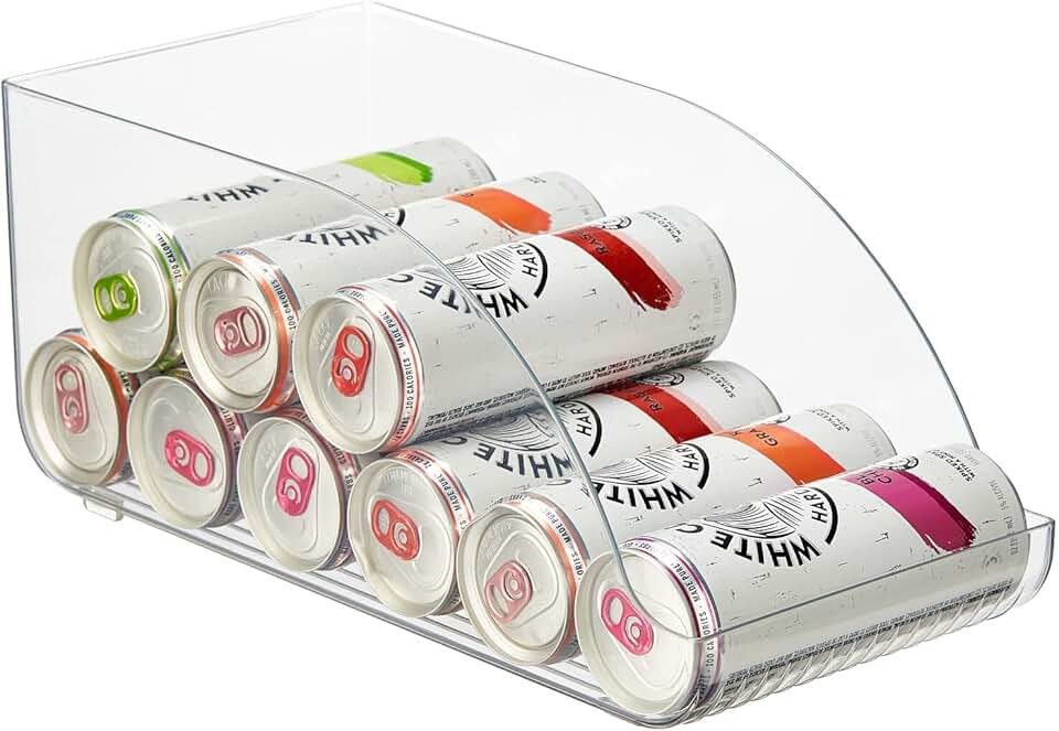Compact clear plastic storage bin for tall cans