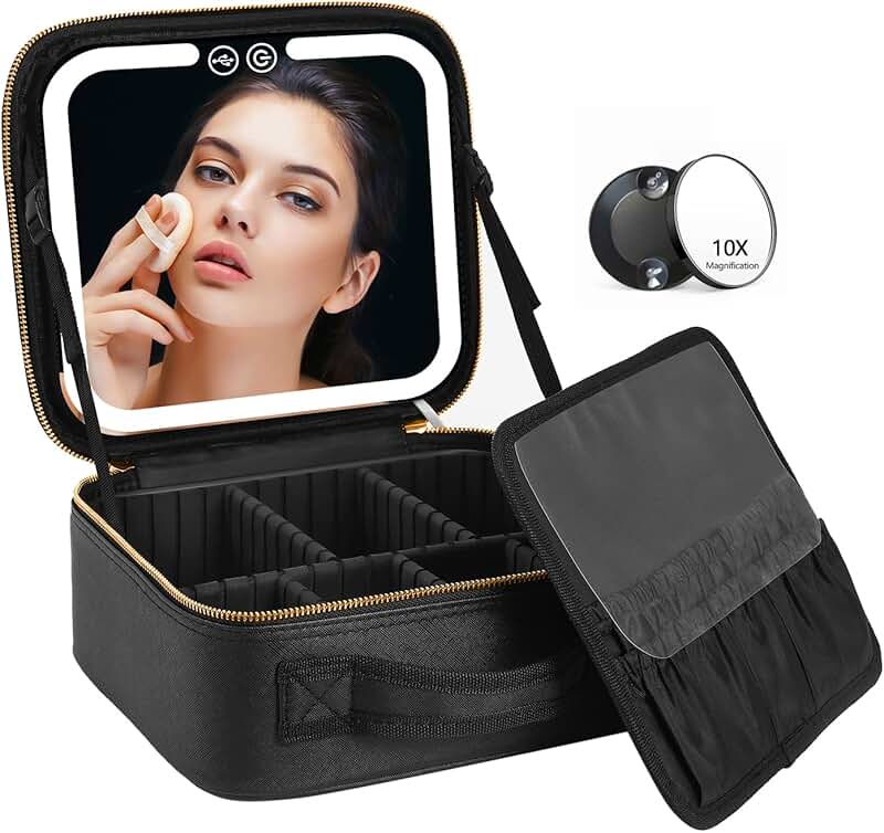 LED Lighted Travel Makeup Bag with Mirror and Organizer