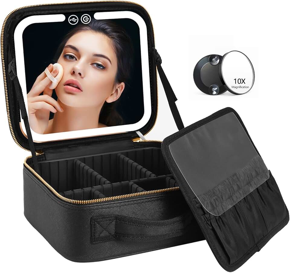 LED Lighted Travel Makeup Bag with Mirror and Organizer