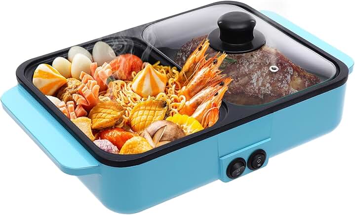 Small Blue Electric Hot Pot with Grill for Cooking and Gathering