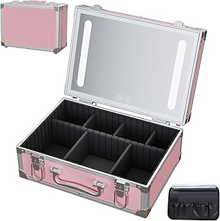 Pink Hard Shell Travel Makeup Bag with LED Mirror