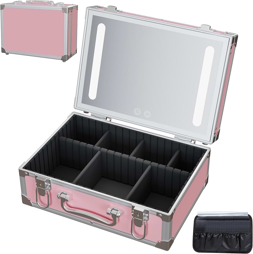 Pink Hard Shell Travel Makeup Bag with LED Mirror