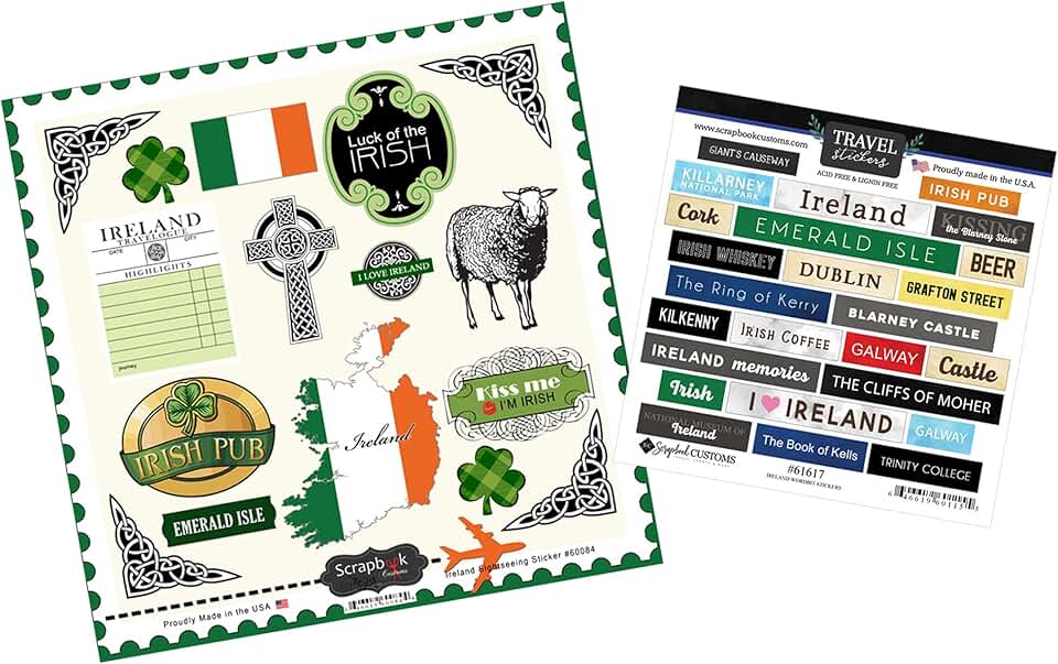 Irish Scrapbook Stickers for Travel and Planning, 2 Pieces