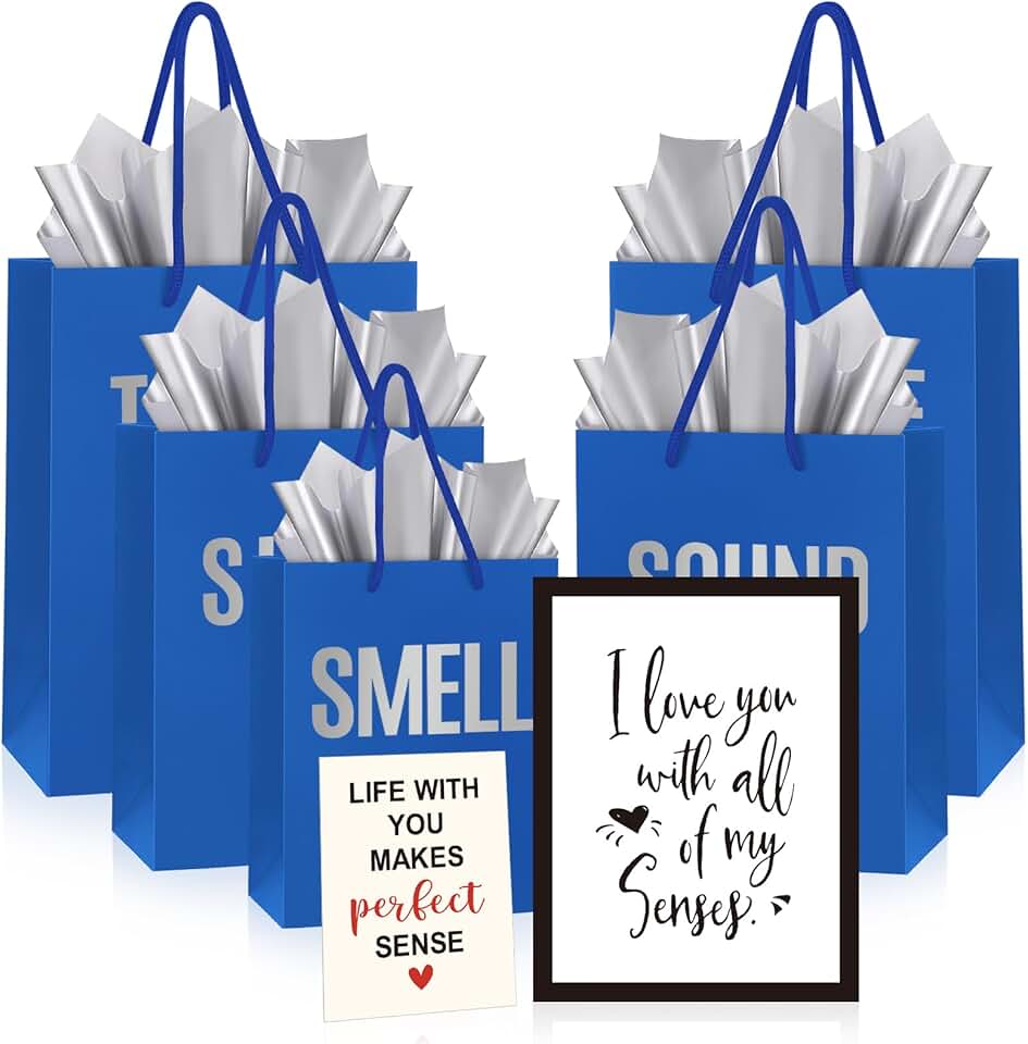 Set of five sensory gift bags with tissue paper and cards