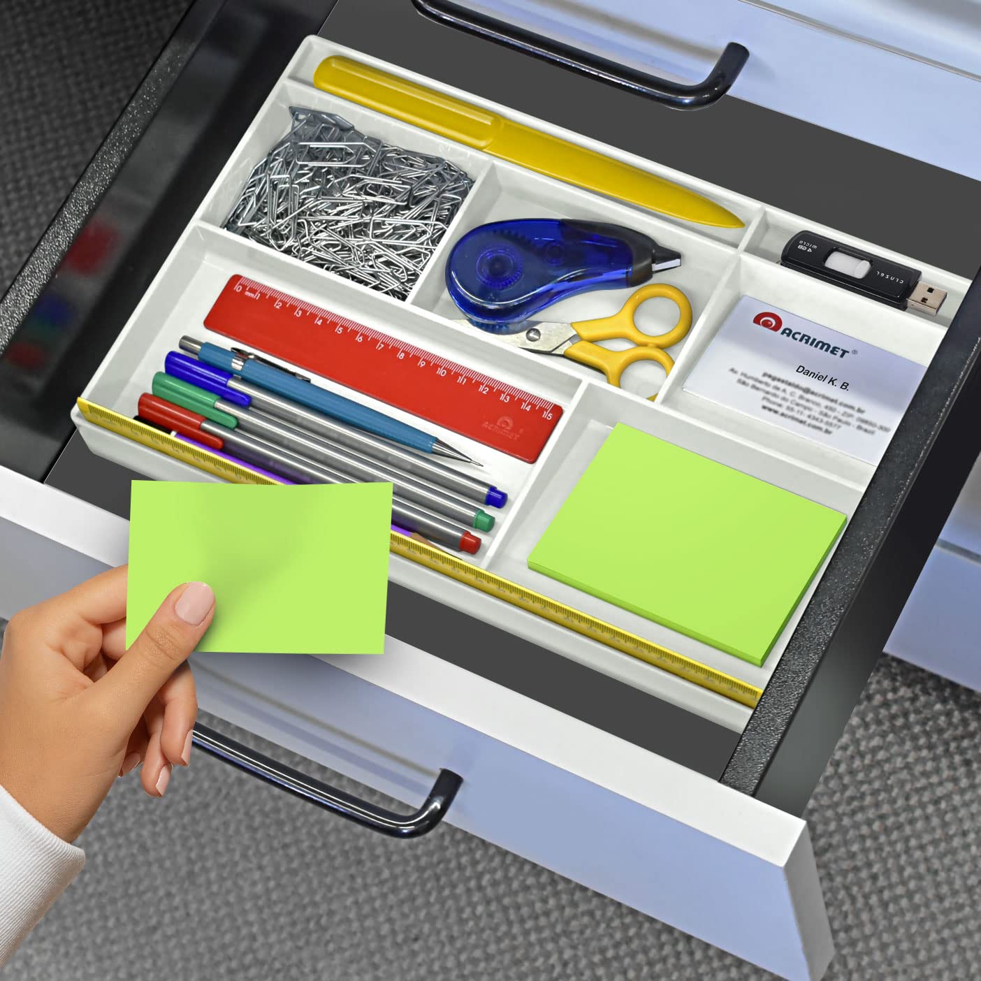 White plastic desk drawer organizer with 8 compartments