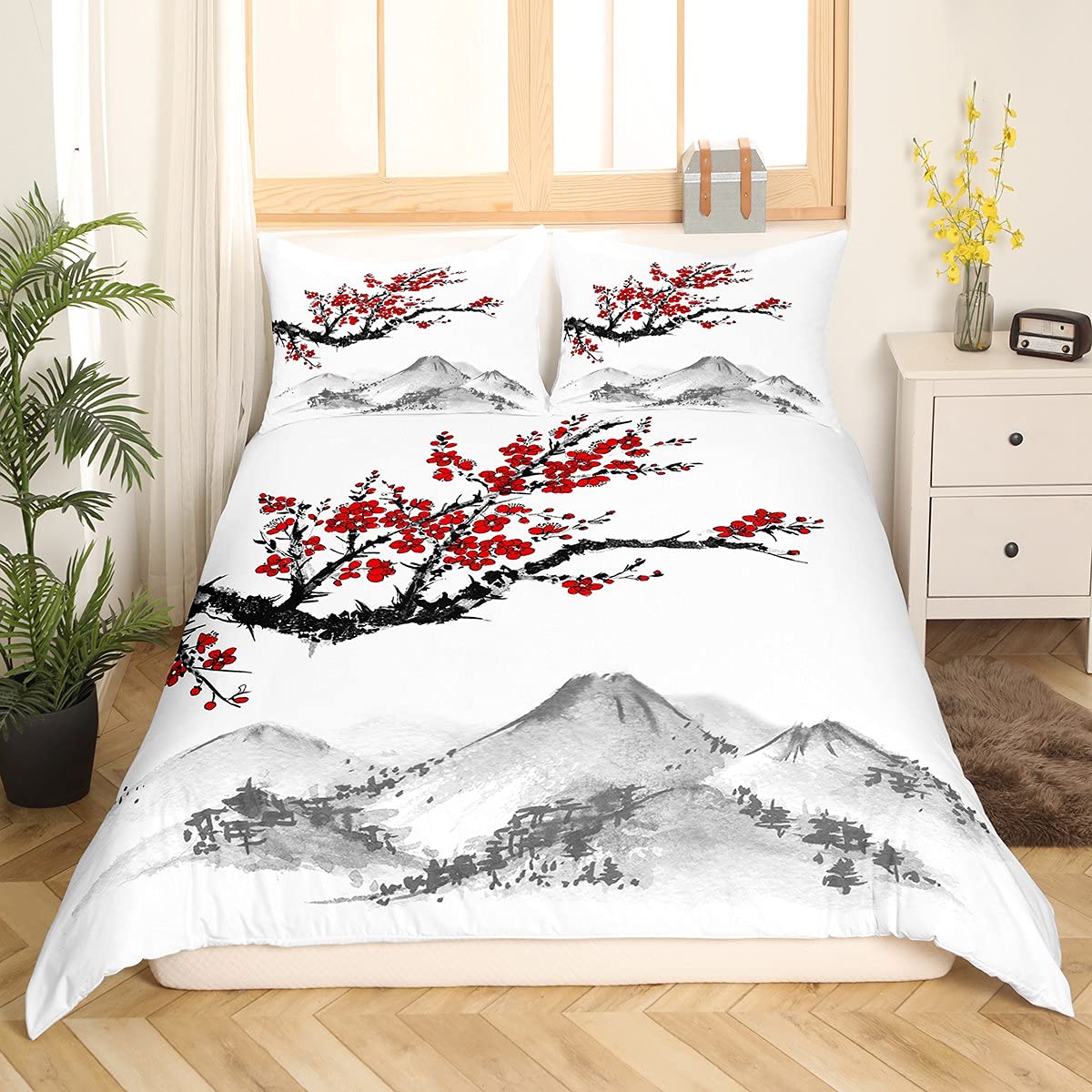 Style Comforter Cover Red Cherry Blossoms Bedding Set Mount Fuji Duvet Cover Ink Painting Black White Pattern Bedspread for Adult Women Teen Girls Soft Microfiber Quilt Set, Queen