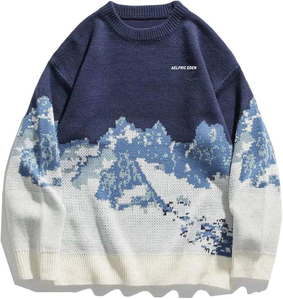 Men's Casual Oversized Knitted Snow Mountain Sweater