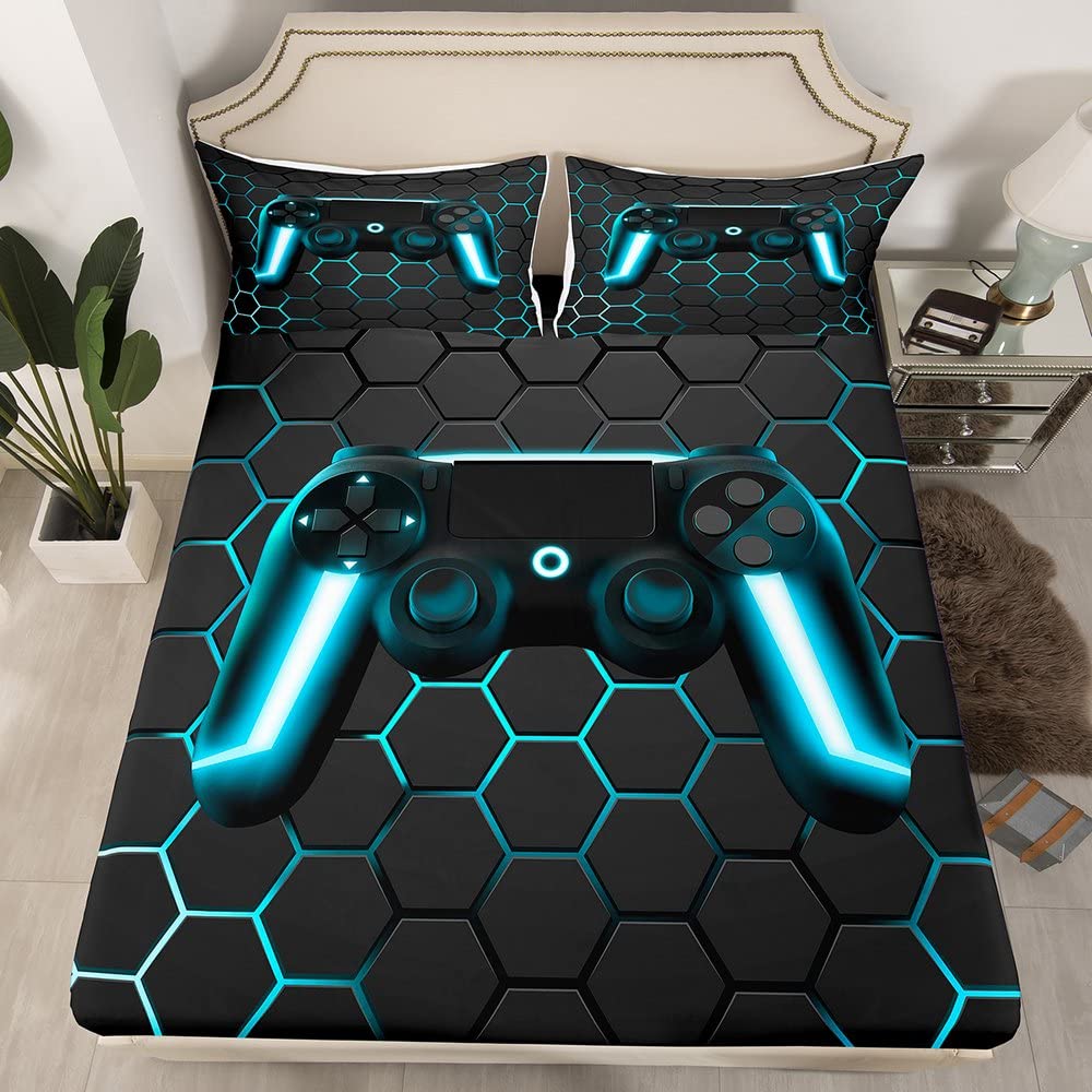 Gaming Sheet Set for Boys Teens Game Bedding Sets Full,Kids Gamer Bed Sheets Game Home Decor,Soft Neon Lights Gamepad Flat Sheet Geometry Beehive Honeycomb Fitted Sheet with 2 Pillow Shams, Blue Grey