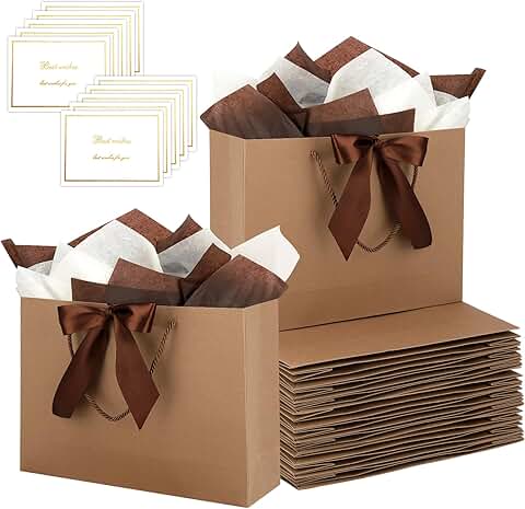 Set of 10 Brown Gift Bags with Handles, Ribbons, Tissue, and Cards