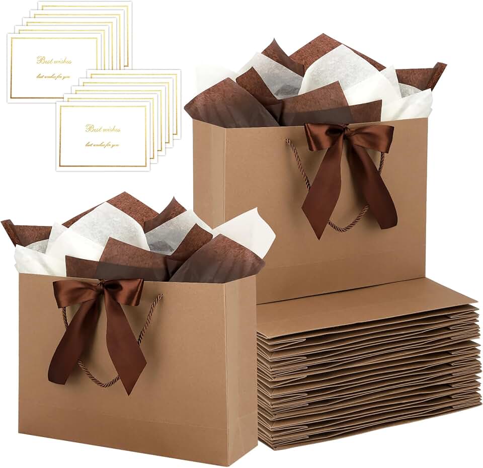 Set of 10 Brown Gift Bags with Handles, Ribbons, Tissue, and Cards