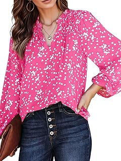 Women's V-Neck Floral Chiffon Blouse with Smocked Long Sleeves