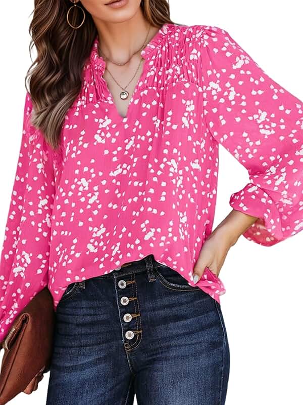 Women's V-Neck Floral Chiffon Blouse with Smocked Long Sleeves