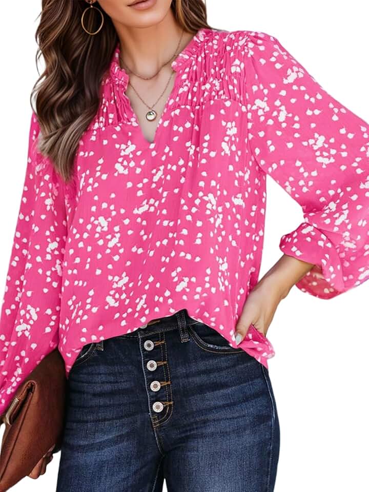 Women's V-Neck Floral Chiffon Blouse with Smocked Long Sleeves