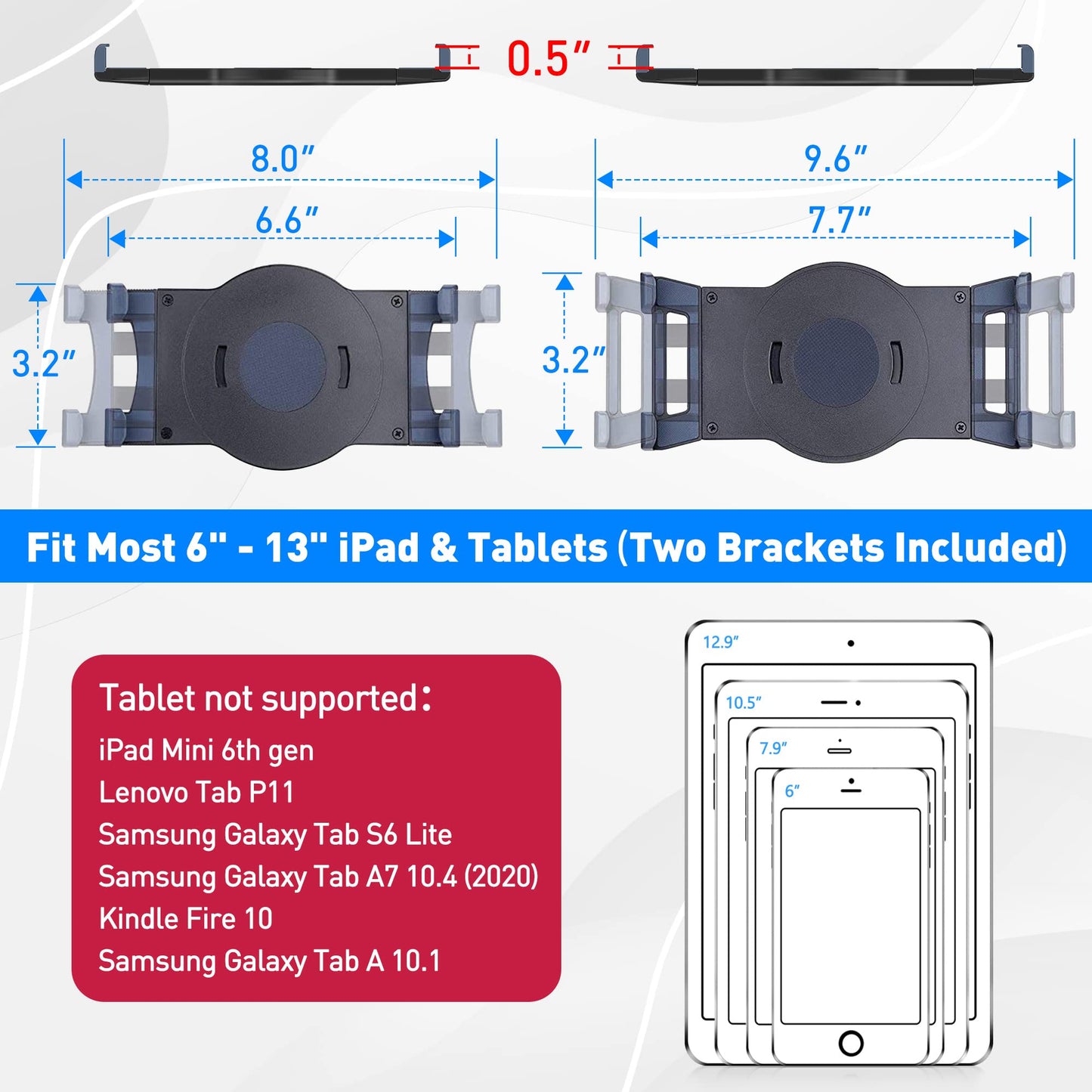 iPad Wall Mount, Swivel 360 Rotating Tablet Holder Two Brackets to Fit 6.6-13" Tablets, Horizontal/Vertical Tilt iPad Arm for Flexible Viewing Angles in Kitchen Showroom Retail Store (Black)