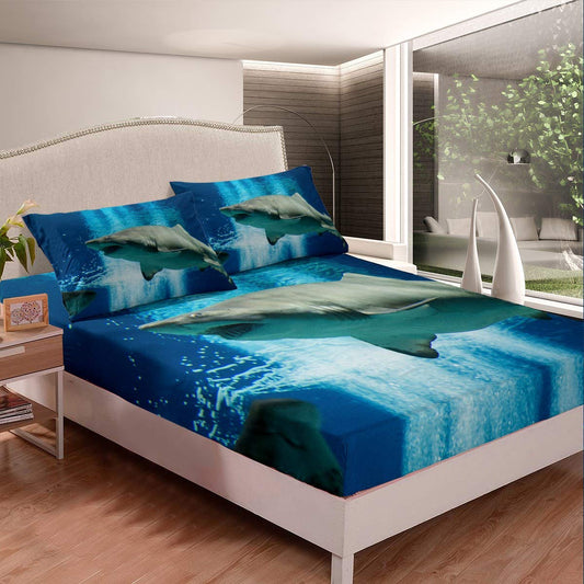 Queen Size Shark Fitted Sheet Set Ocean Marine Theme Bedding Set for Boys Kids Child 3D Sea Underwater World Bed Sheet Set with Pillowcase Nature Ocean Bed Cover Decor 3 Pcs