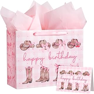 Large Pink Cowgirl Birthday Gift Bag with Card and Tissue
