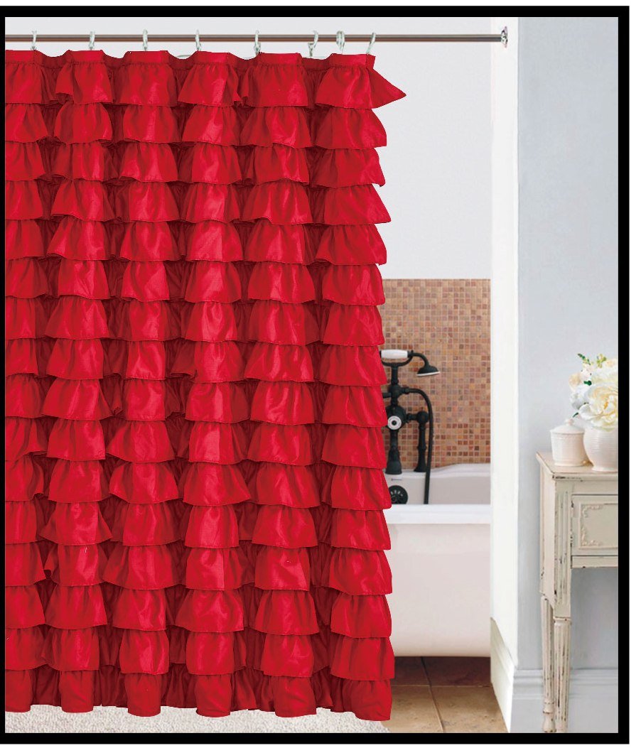 Waterfall Ruffled Fabric Shower Curtain RED)