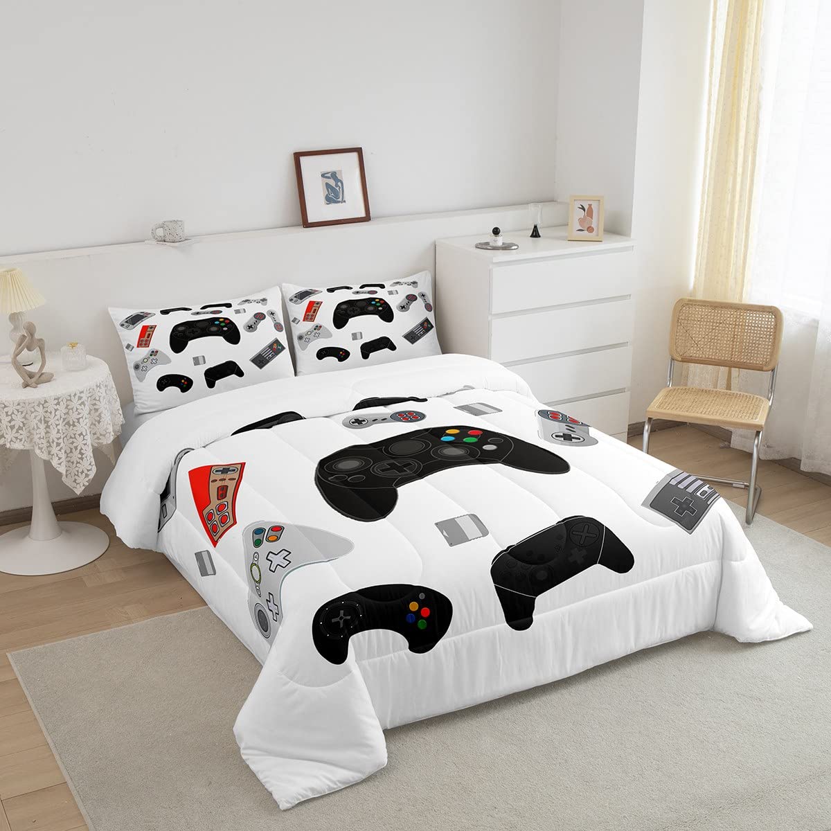 Game Full Size Comforter Set Boys Gamer Gamepad Bedding Set Kids Teen Youth Game Joystick Room Lovely Decor Gaming Controller Duvet Sets Novelty Retro Game Console Duvet Set Machine Washable 3Pcs