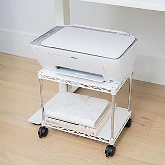 White mini printer stand with wheels, 15x10.6 inches