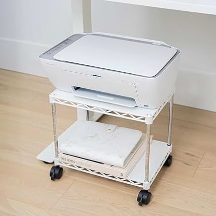 White mini printer stand with wheels, 15x10.6 inches