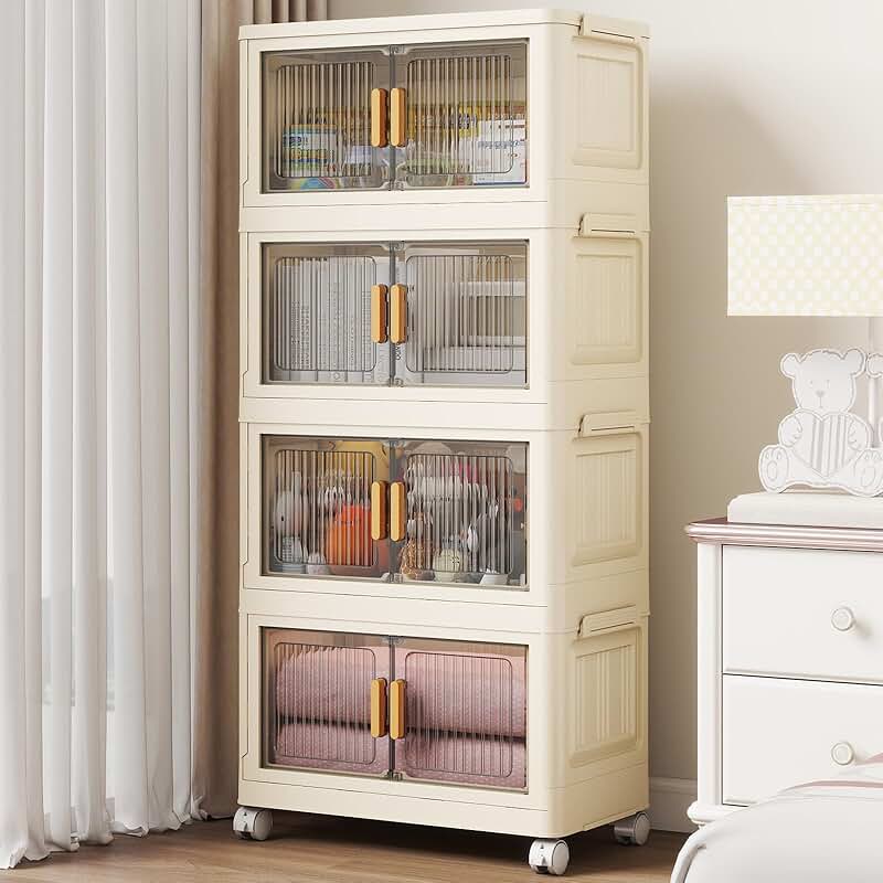 Set of four 28-quart collapsible plastic storage bins with lids