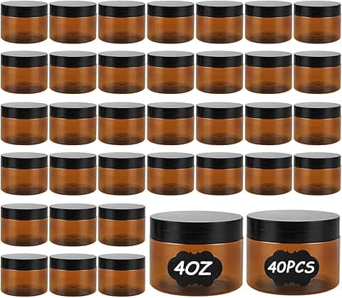 Set of 40 small amber plastic jars with lids and labels