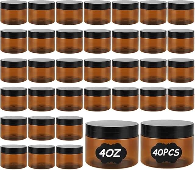 Set of 40 small amber plastic jars with lids and labels